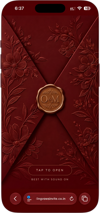 Maroon Affair maroon and gold wax-seal wedding invitation website on a phone